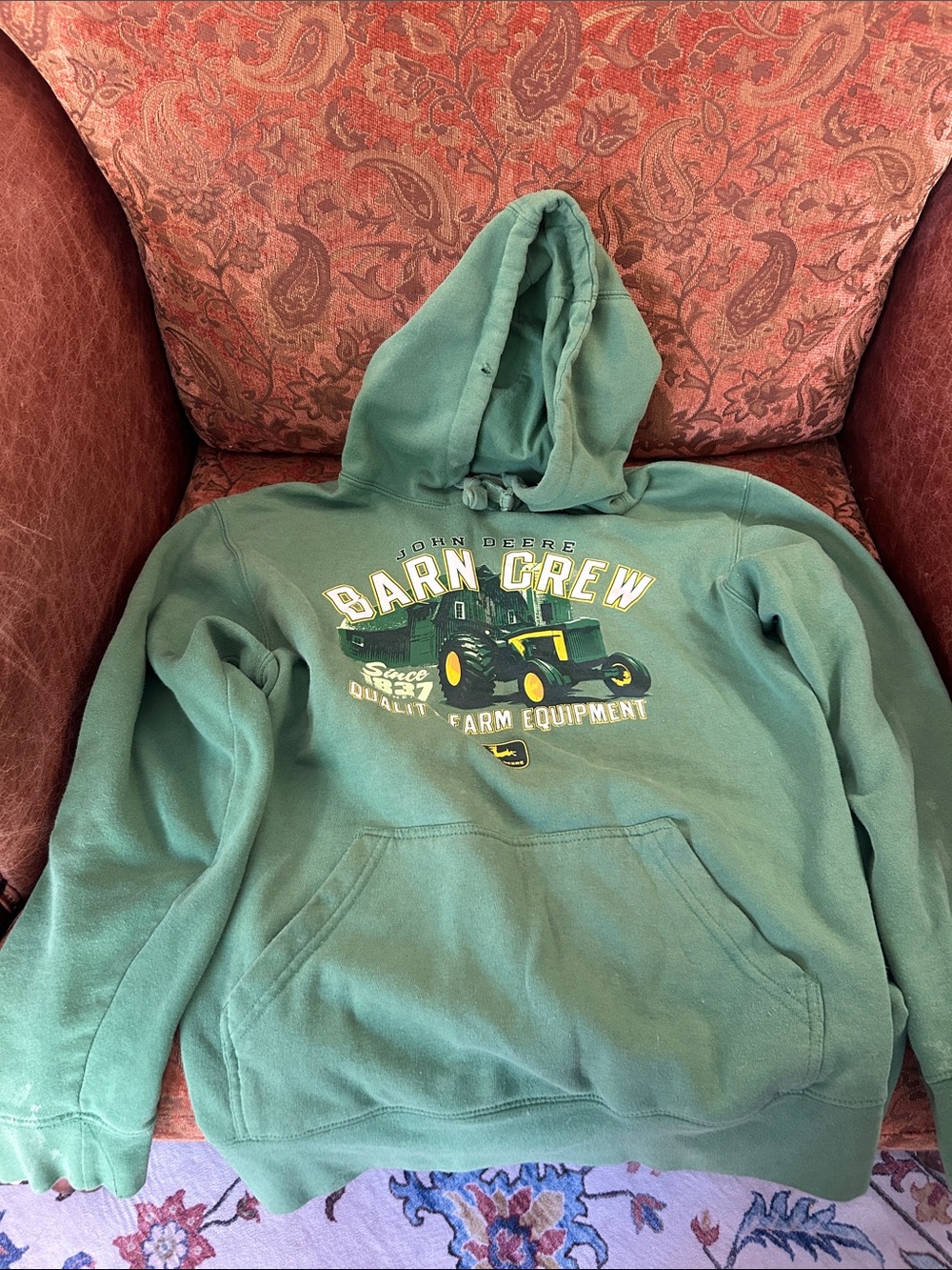 John Deere Green 'Barn Crew' Pullover Hoodie with Tractor Graphic